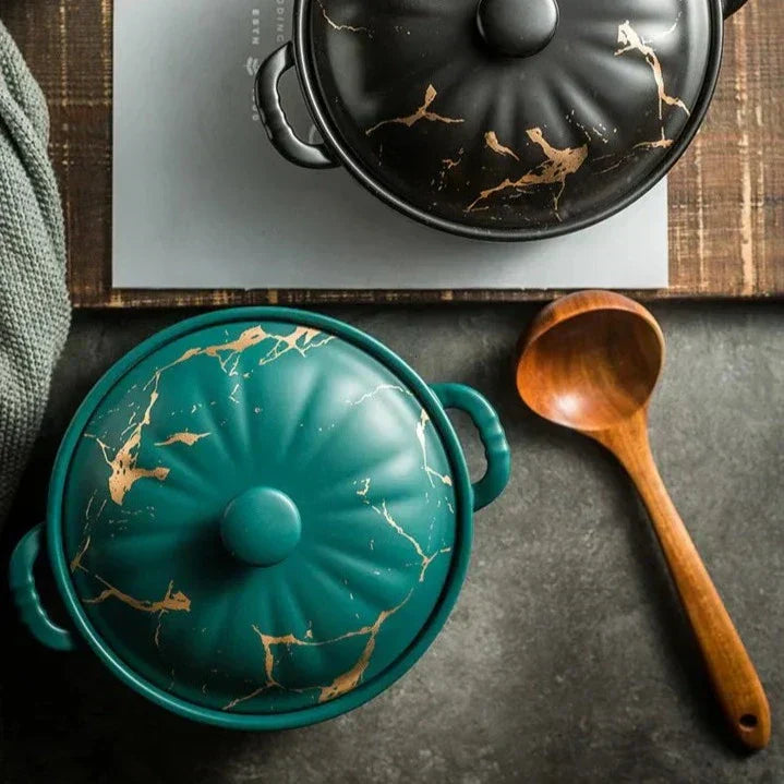 Marmites en Céramique Marbrée avec Texture Striée Dorée