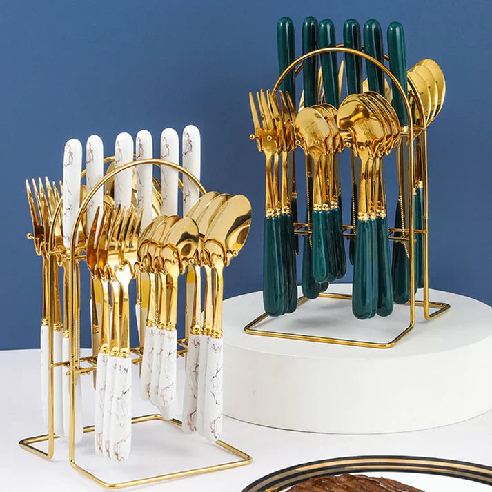 Ensemble de Couverts en Acier Inoxydable Doré avec Étagère de Support